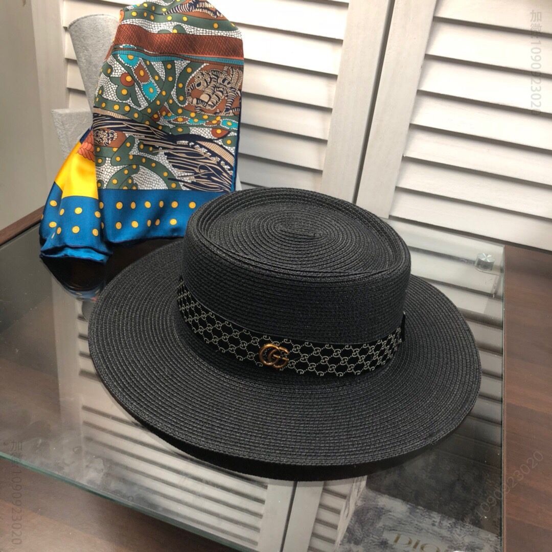 GUCCI古奇2023新款皮织带草编盆帽草帽礼帽