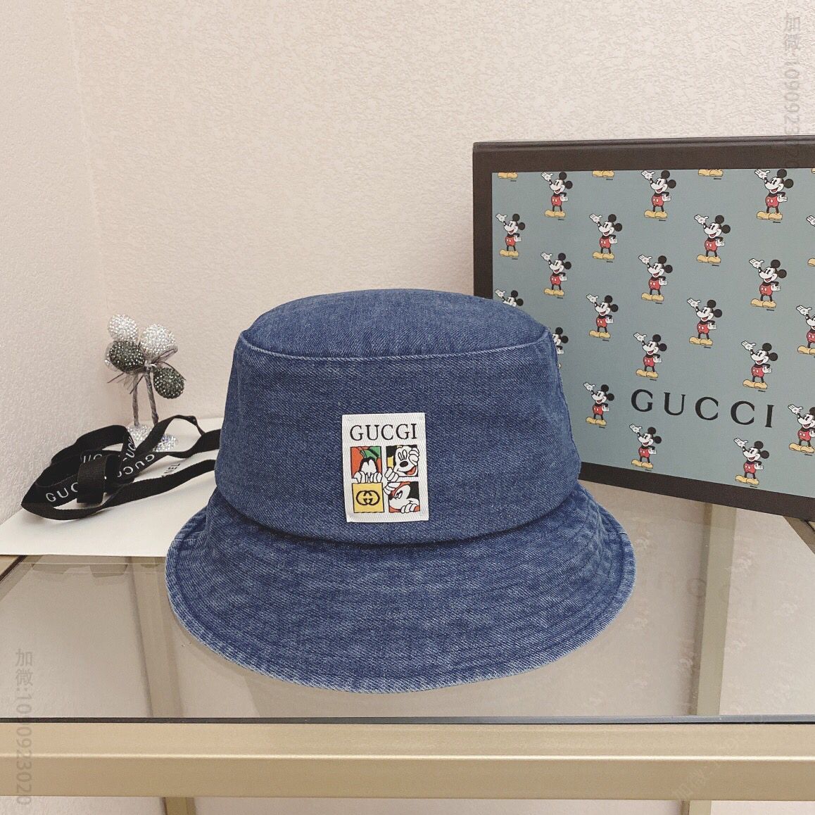 GUCCI古奇联名版洗水烟雾灰牛仔渔夫帽