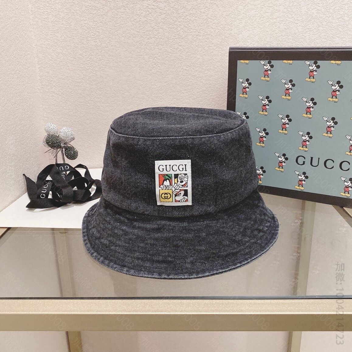 原单古驰男女款帽子 GUCCI古奇联名版洗水烟雾灰牛仔渔夫帽 古驰男女款帽子 G93906 