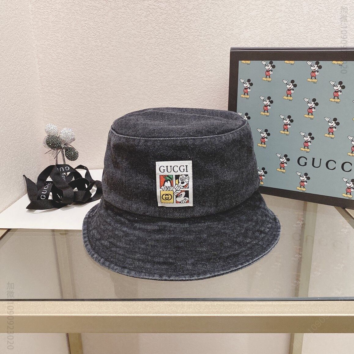 GUCCI古奇联名版洗水烟雾灰牛仔渔夫帽