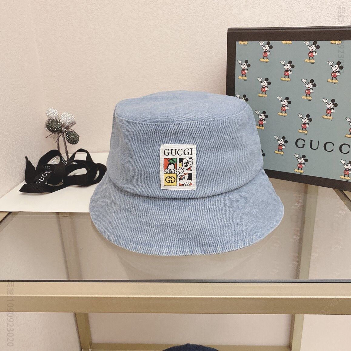 GUCCI古奇联名版洗水烟雾灰牛仔渔夫帽