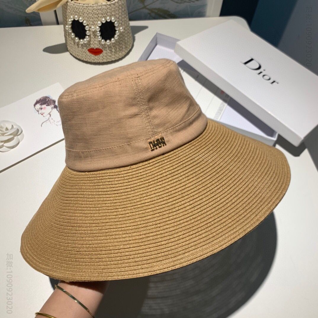 Dior迪奥牛津布料拼接细草编织大檐帽