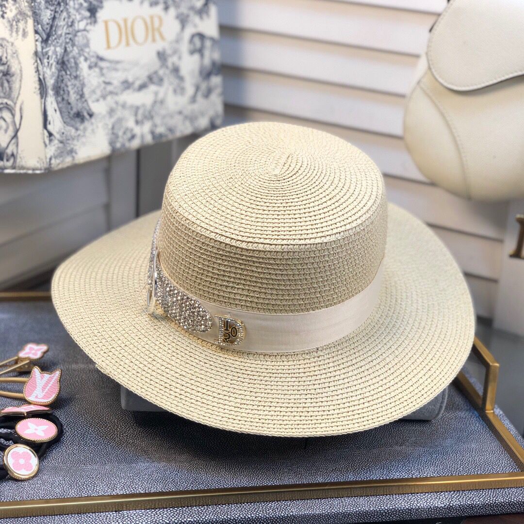 Dior迪奥专柜2023新款带钻皮带款织带遮阳礼帽