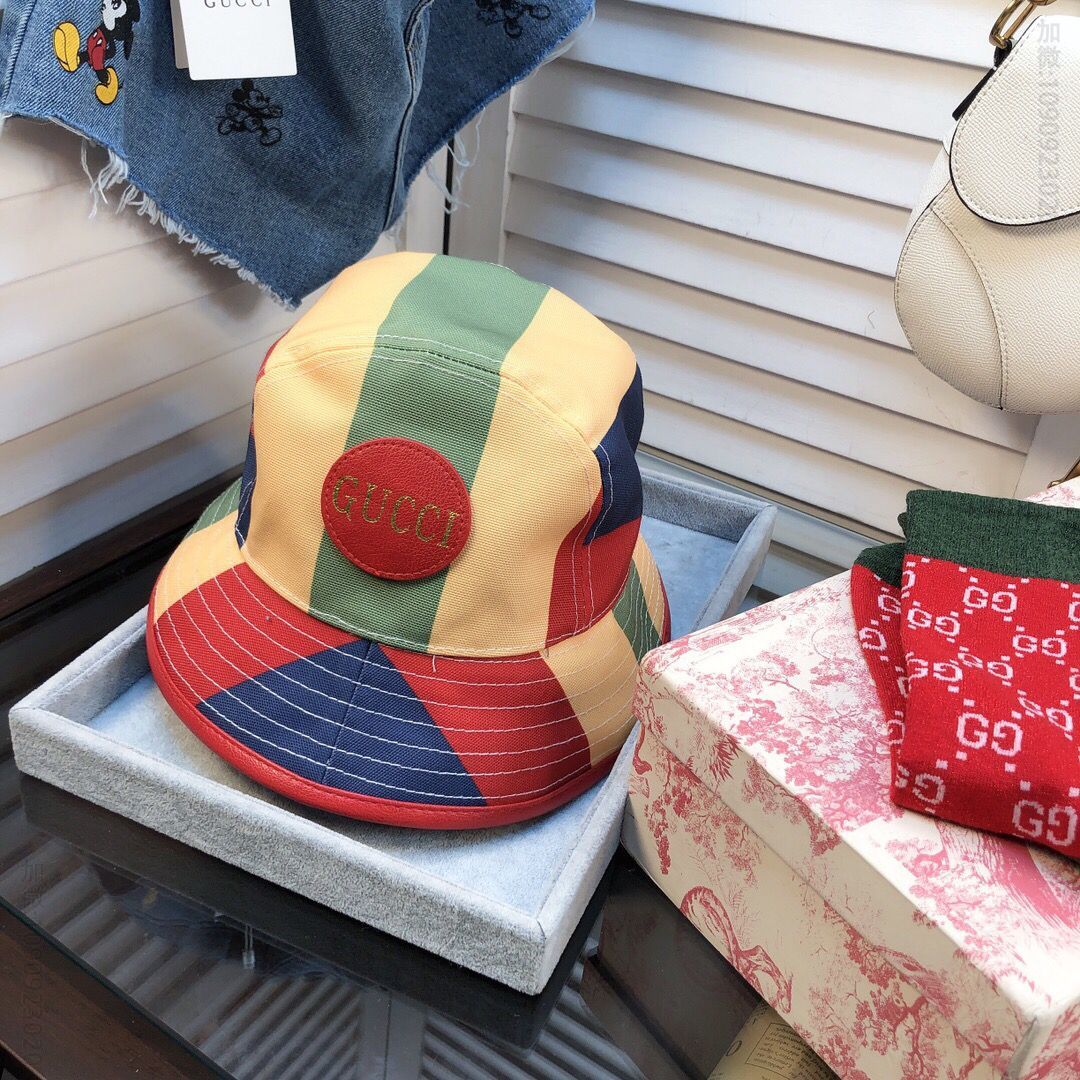 GUCCI古奇拼色进口小牛皮围边新款渔夫帽
