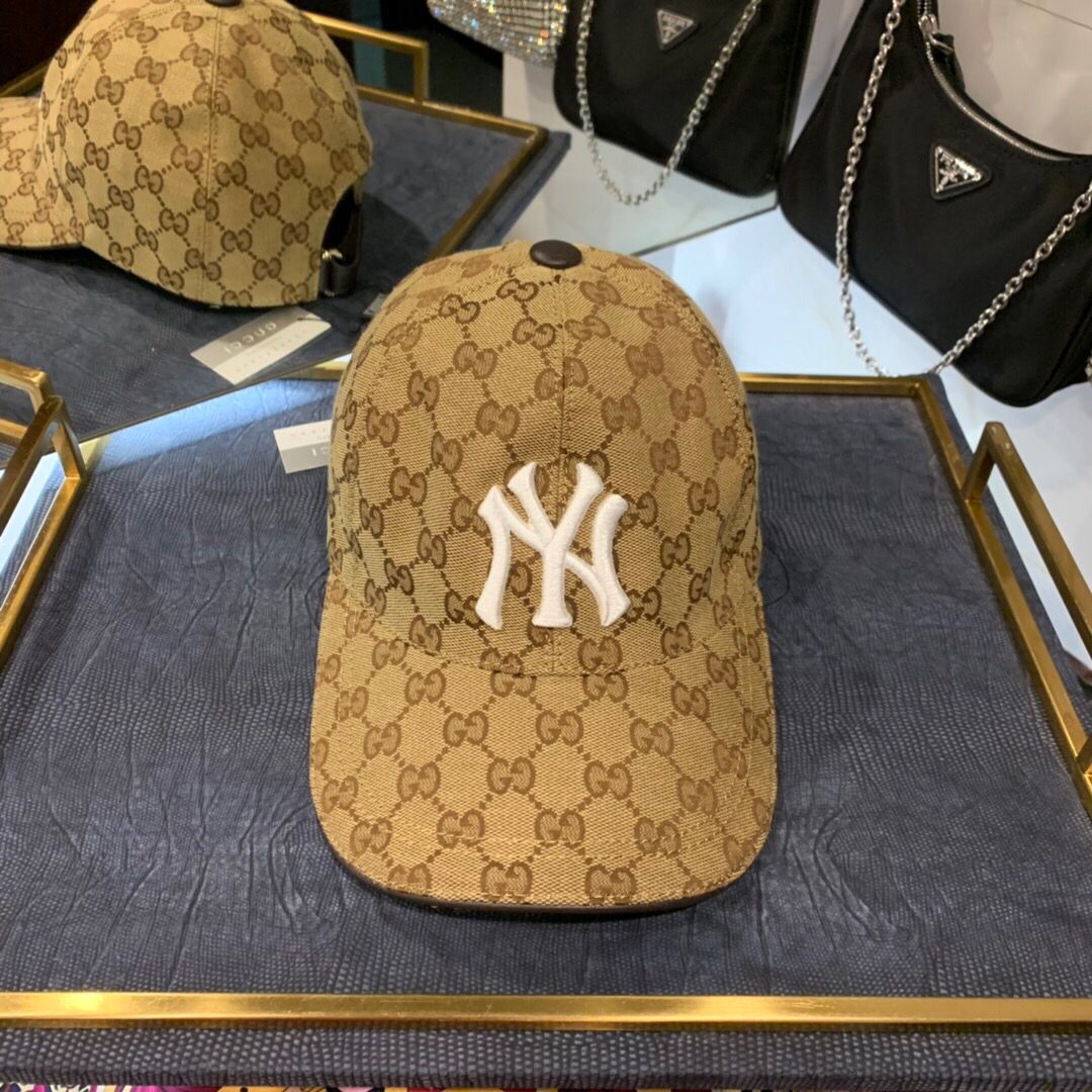 NY&Gucci（古奇)合作款原厂透气帆布料+头层牛皮棒球帽鸭舌帽