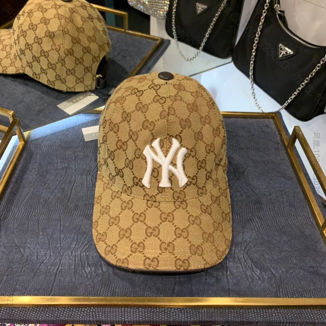 G97988_NY&Gucci（古奇)合作款原厂透气帆布料+头层牛皮棒球帽鸭舌帽 高仿古琦男女款帽子网站
