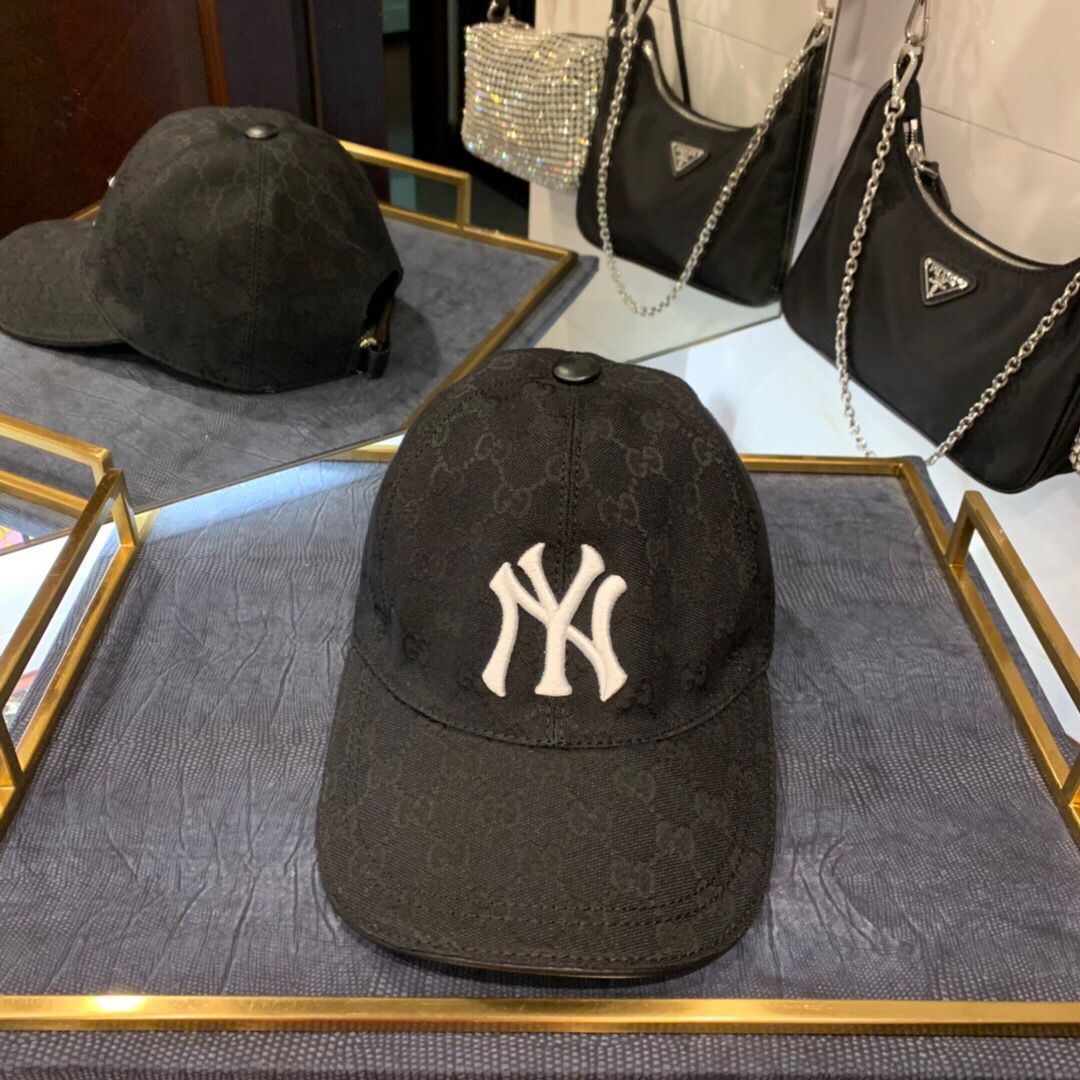 NY&Gucci（古奇)合作款原厂透气帆布料+头层牛皮棒球帽鸭舌帽