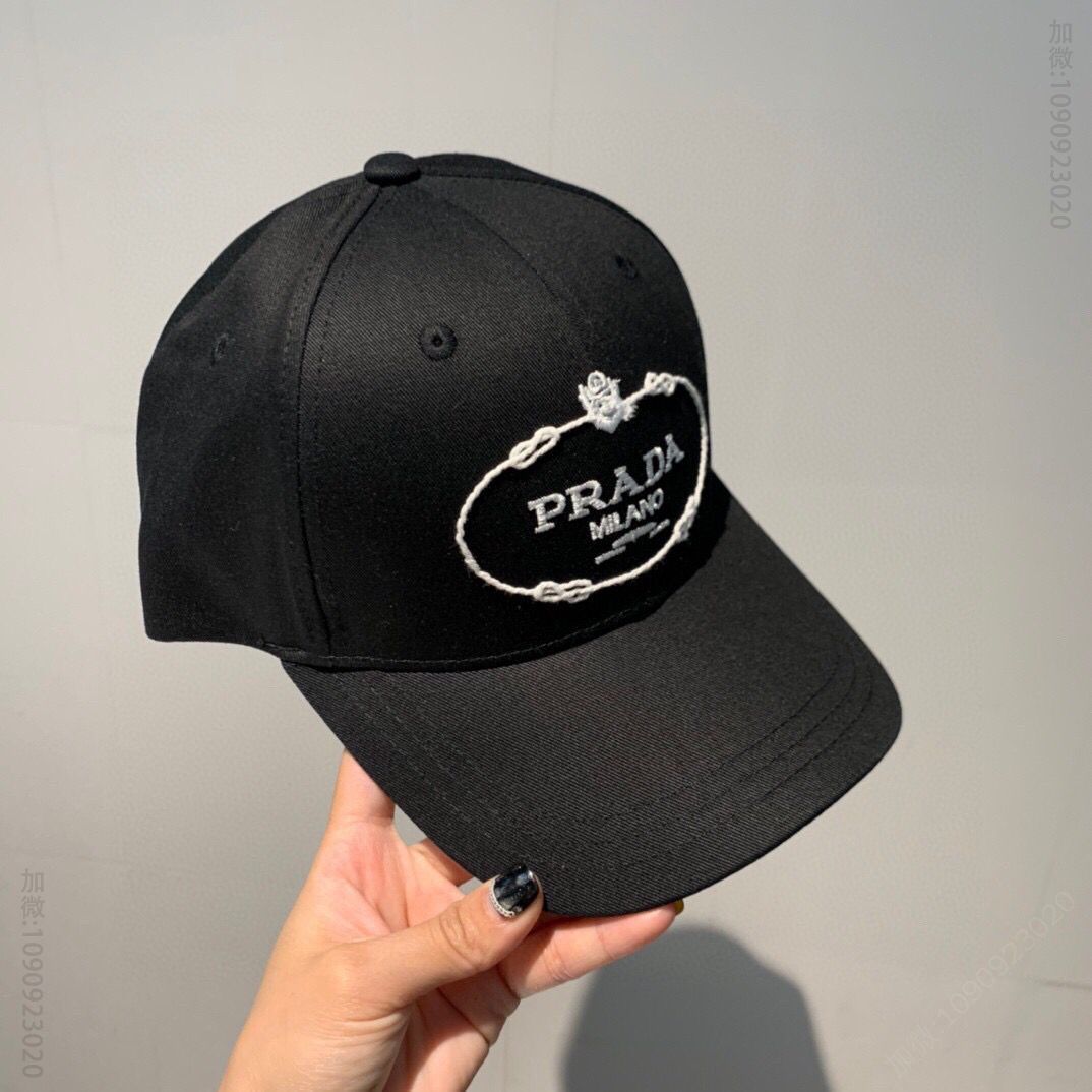 PRADA普拉达刺绣LOGO帆布男女通用棒球帽鸭舌帽