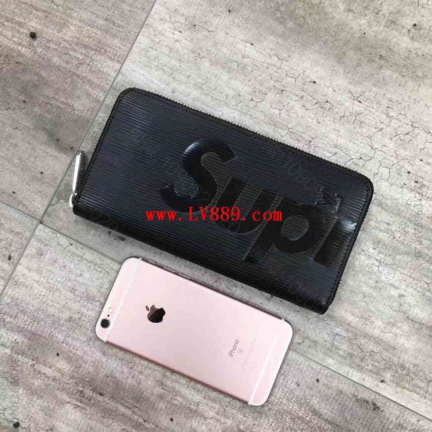 lv supreme 联名 特别合作系列 黑色水波纹丝印 长款单拉钱包