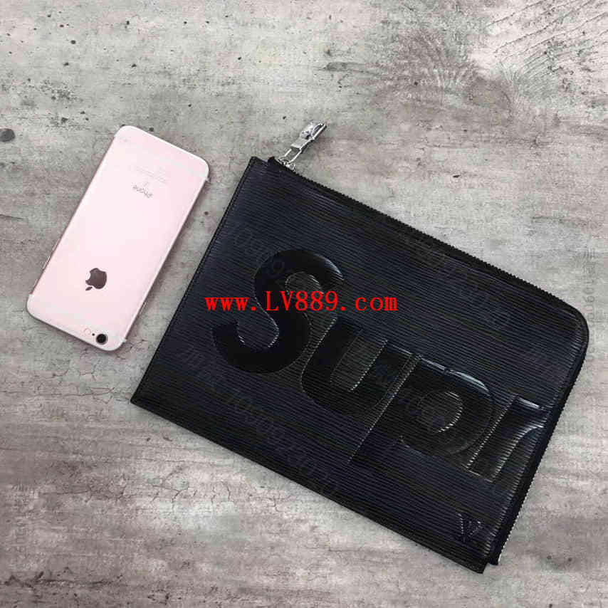 lv supreme 联名 特别合作系列 黑色水波纹丝印 手拿包