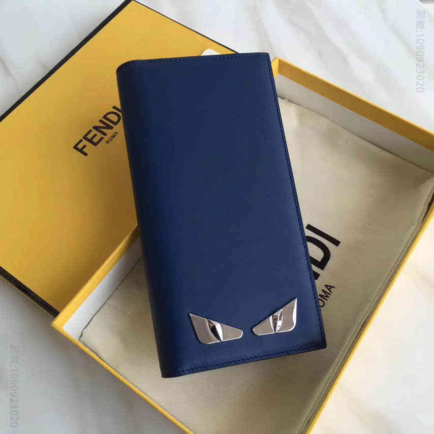 （芬迪）FENDI7M0186蓝色平纹皮罗马SELLERIA长款二折钱包