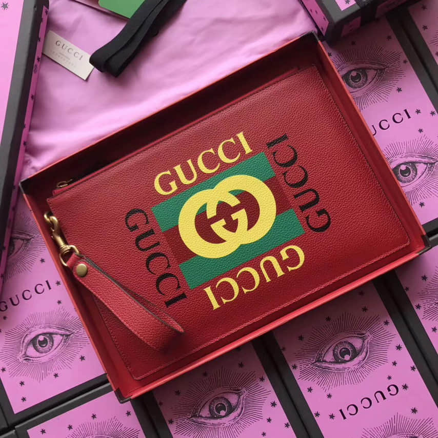 Gucci/古驰Coco Capitan Logo Pouch 字母印花牛皮手拿包 495011