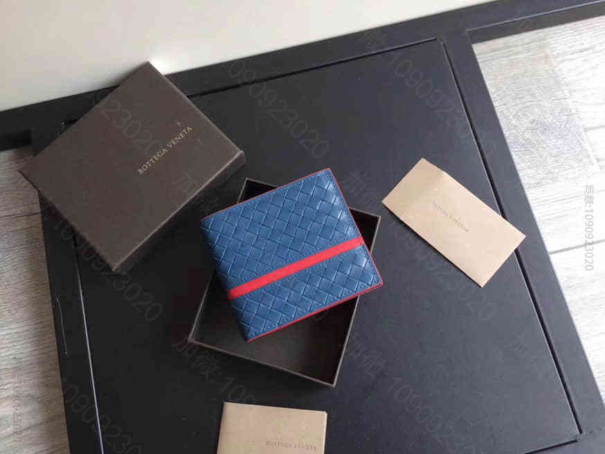 BottegaVeneta（葆蝶家）BV110915宝蓝配大红胎牛皮翻折短夹