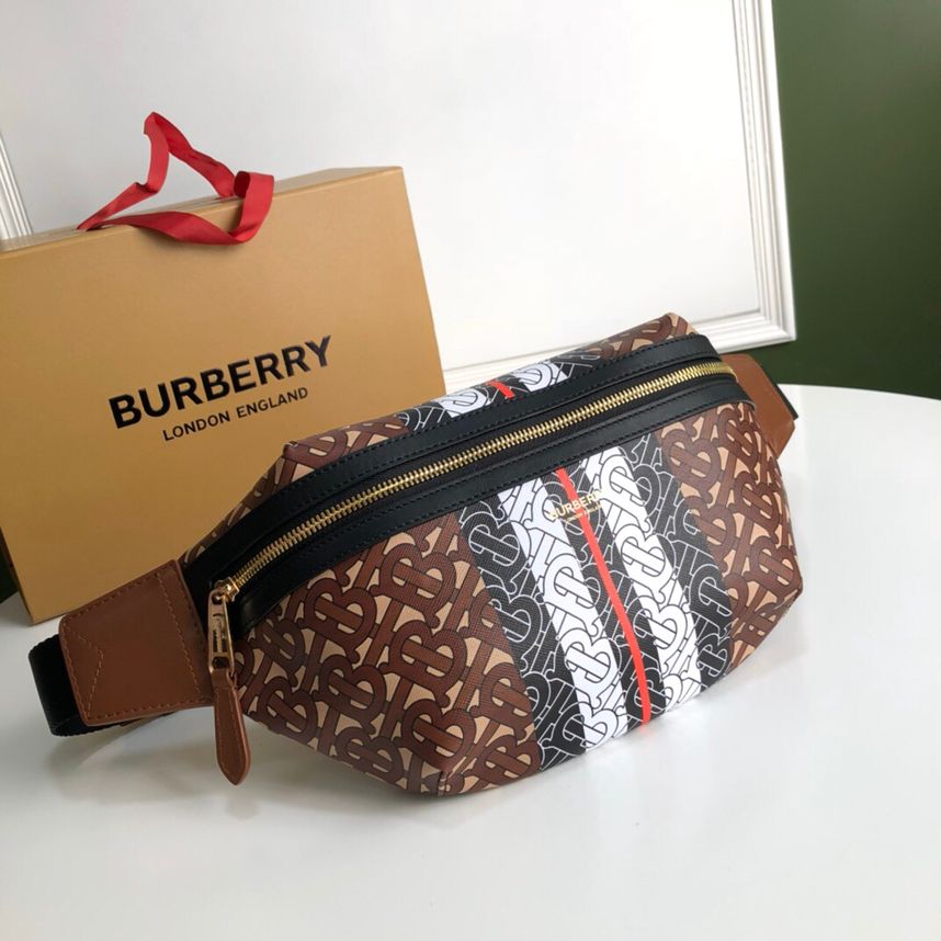 Burberry巴宝莉全新环保帆布材质专属标识条纹腰包胸包