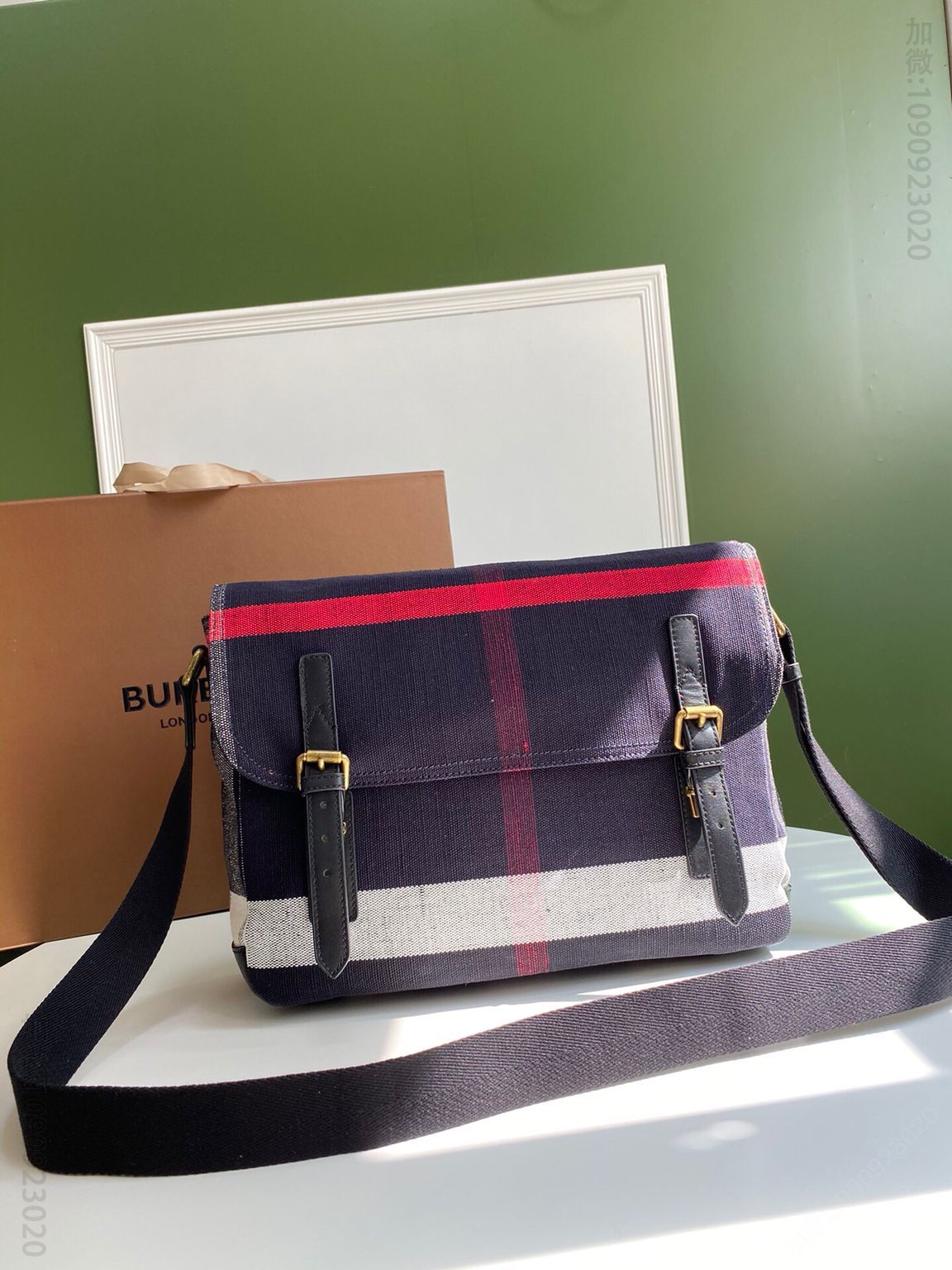 Burberry巴宝莉Canvas棉麻混纺格纹中性款信使包