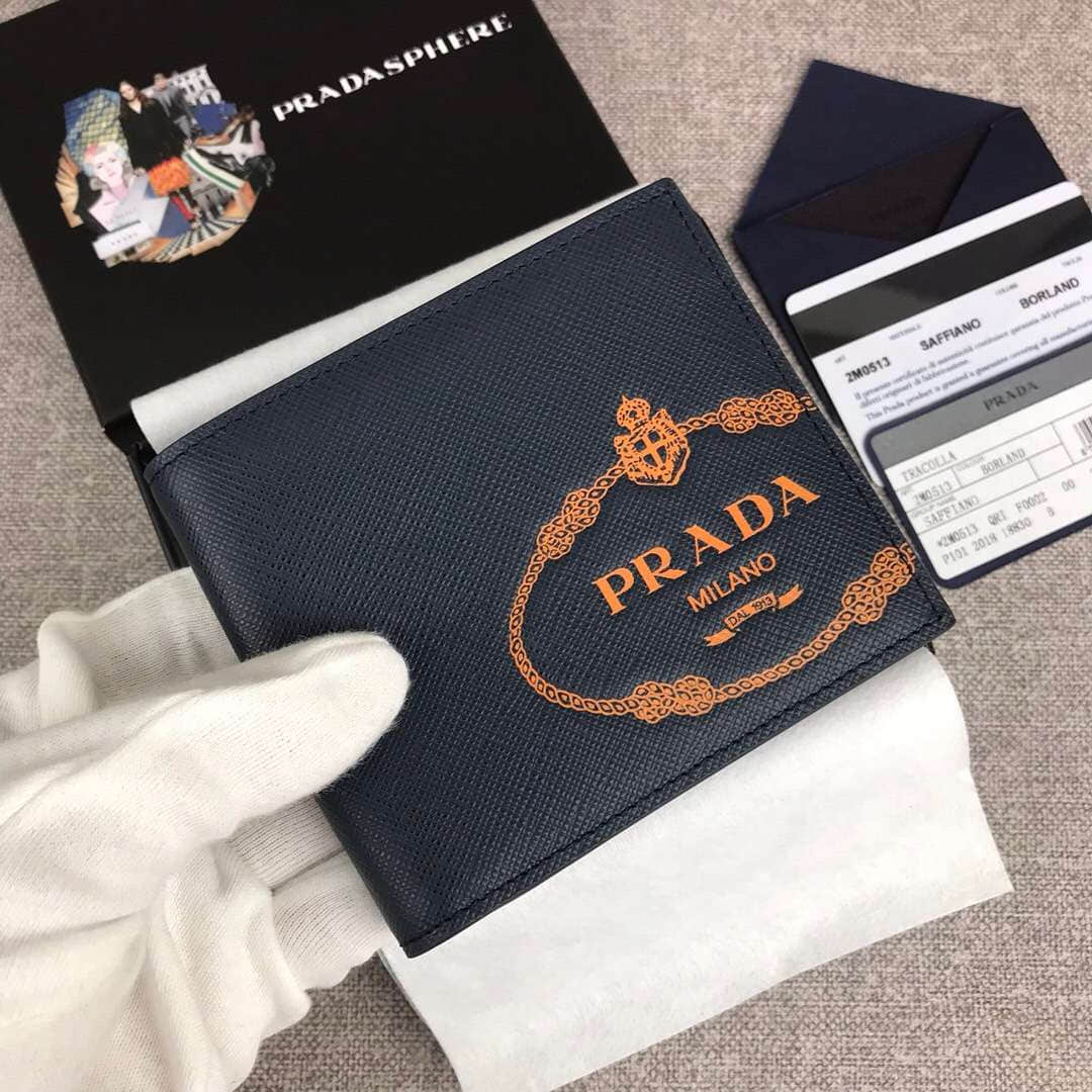 Prada普拉达最新摩登态度系列男士短款钱包2M0513深蓝+橙色压唛