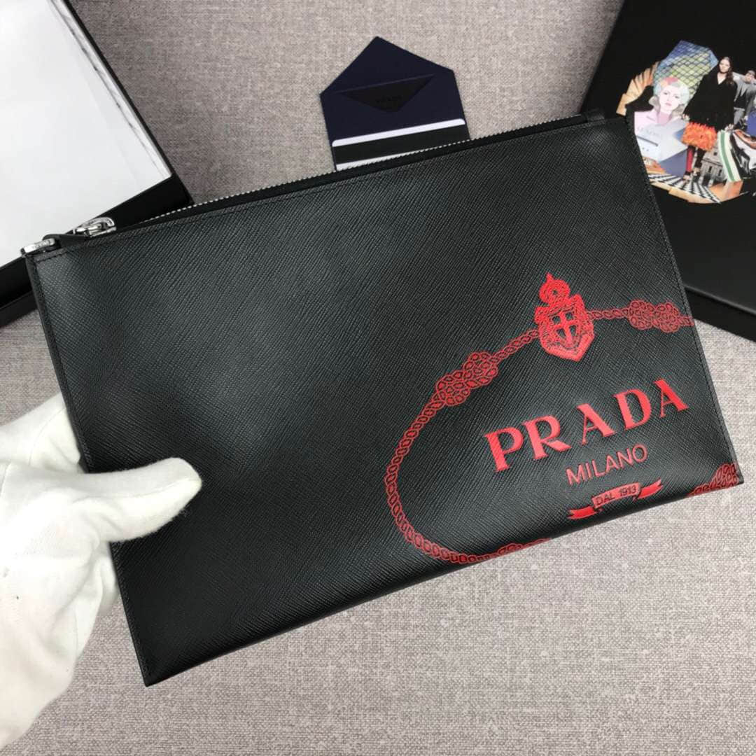 Prada普拉达最新摩登态度系列手包2NG005黑色+大红压唛