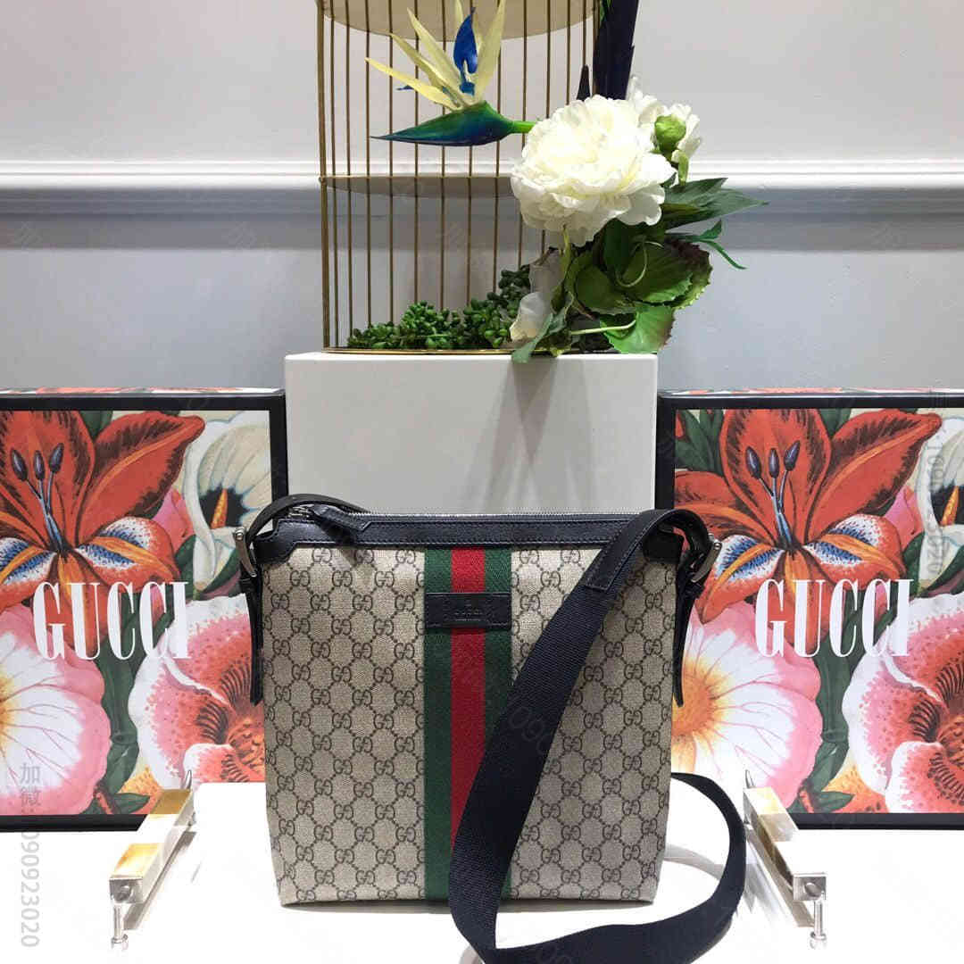 Gucci/古驰饰条纹织带高级人造帆布邮差包387111
