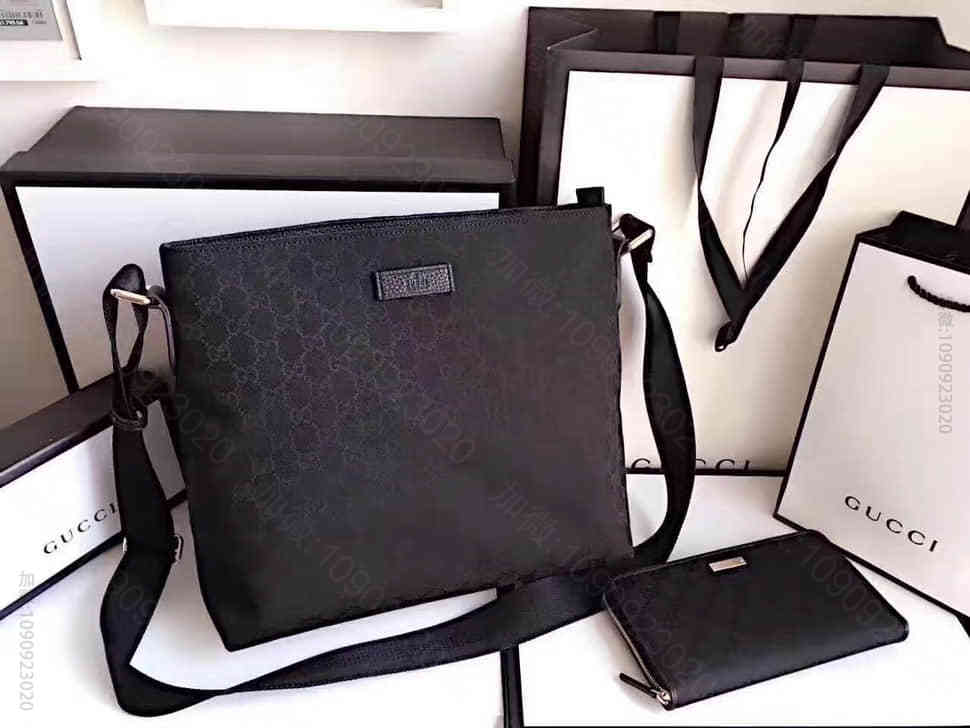 Gucci/古驰339569双G帆布拼牛皮男士斜挎包