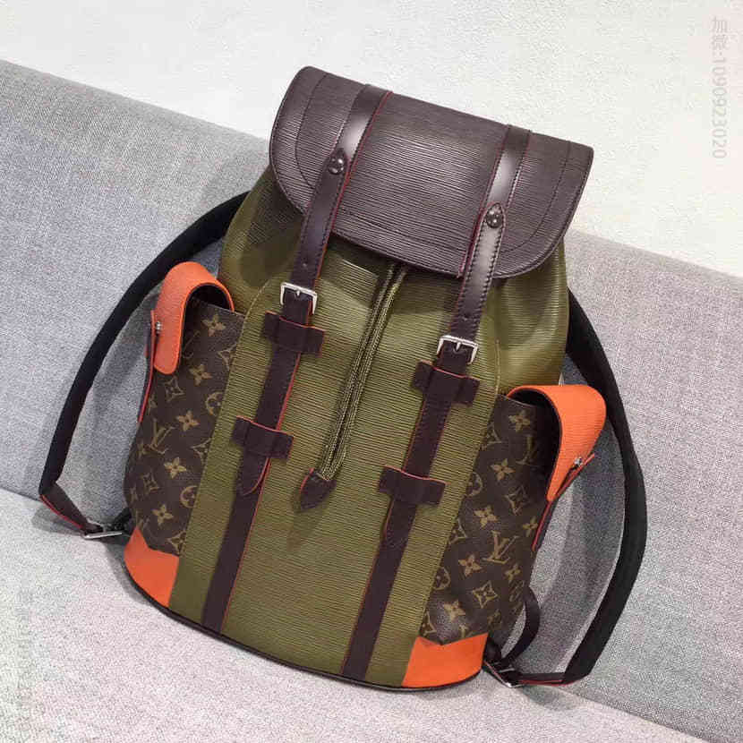 LV 2017时装秀 Supreme特别合作系列双肩包 M41709 军绿拼酒红橘色