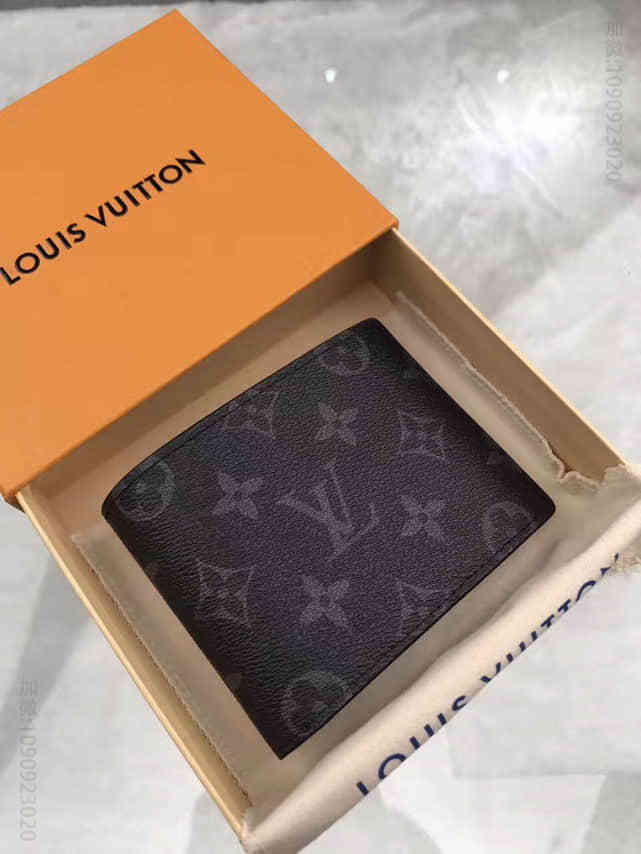 LV Monogram Eclipse黑灰色皮革MULTIPLE男士短款钱夹 M61695