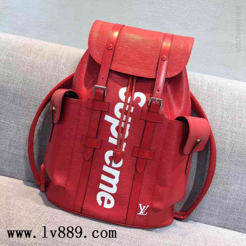 lv supreme 联名 限量版 红色水波纹 双肩背包 M41709