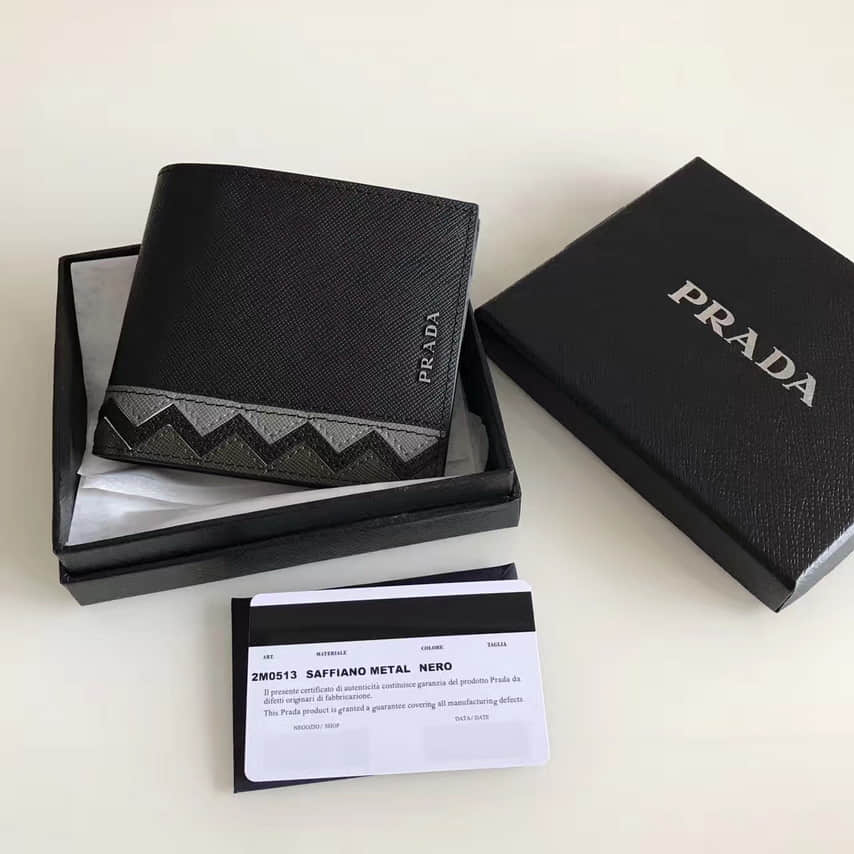 普拉达PRADA黑色专柜最新迷彩拼色男士短款皮夹2M0513