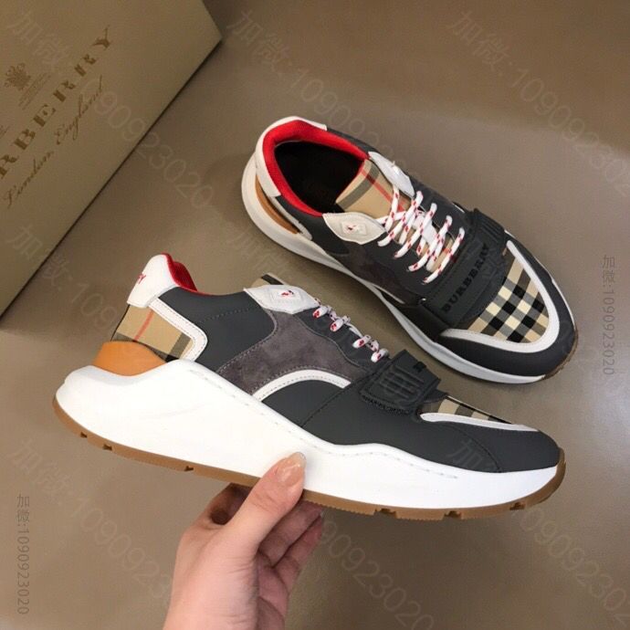 BURBERRY巴宝莉 小牛皮和帆布拼接B家2023男士增高运动鞋
