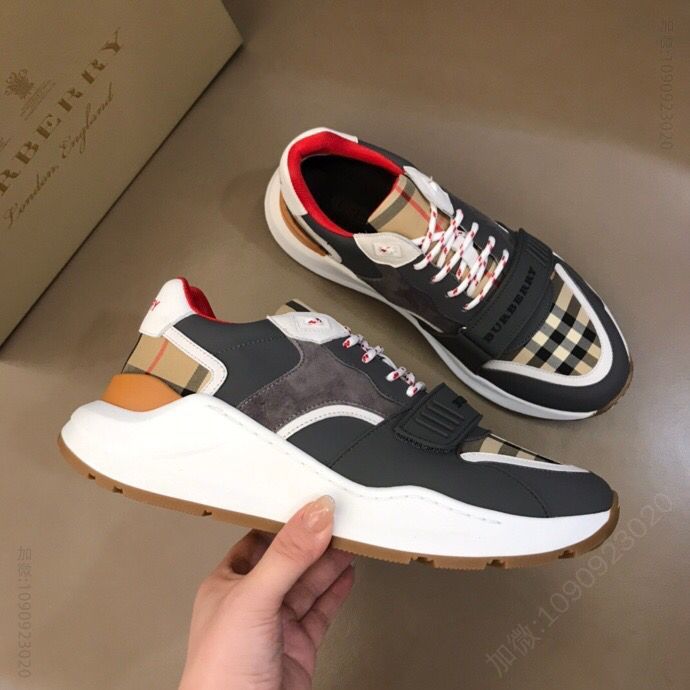 BURBERRY巴宝莉 小牛皮和帆布拼接B家2023男士增高运动鞋