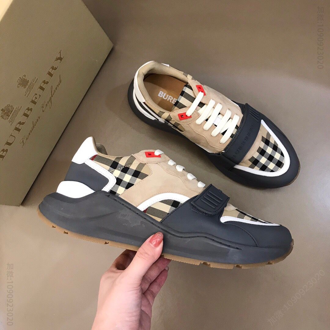 巴宝莉Burberry 小牛皮和帆布拼接B家2023男士增高运动鞋