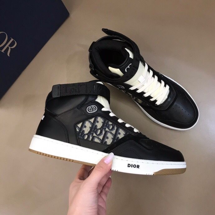 Dior迪奥 黑色光滑牛皮革情侣高帮B27休闲运动鞋