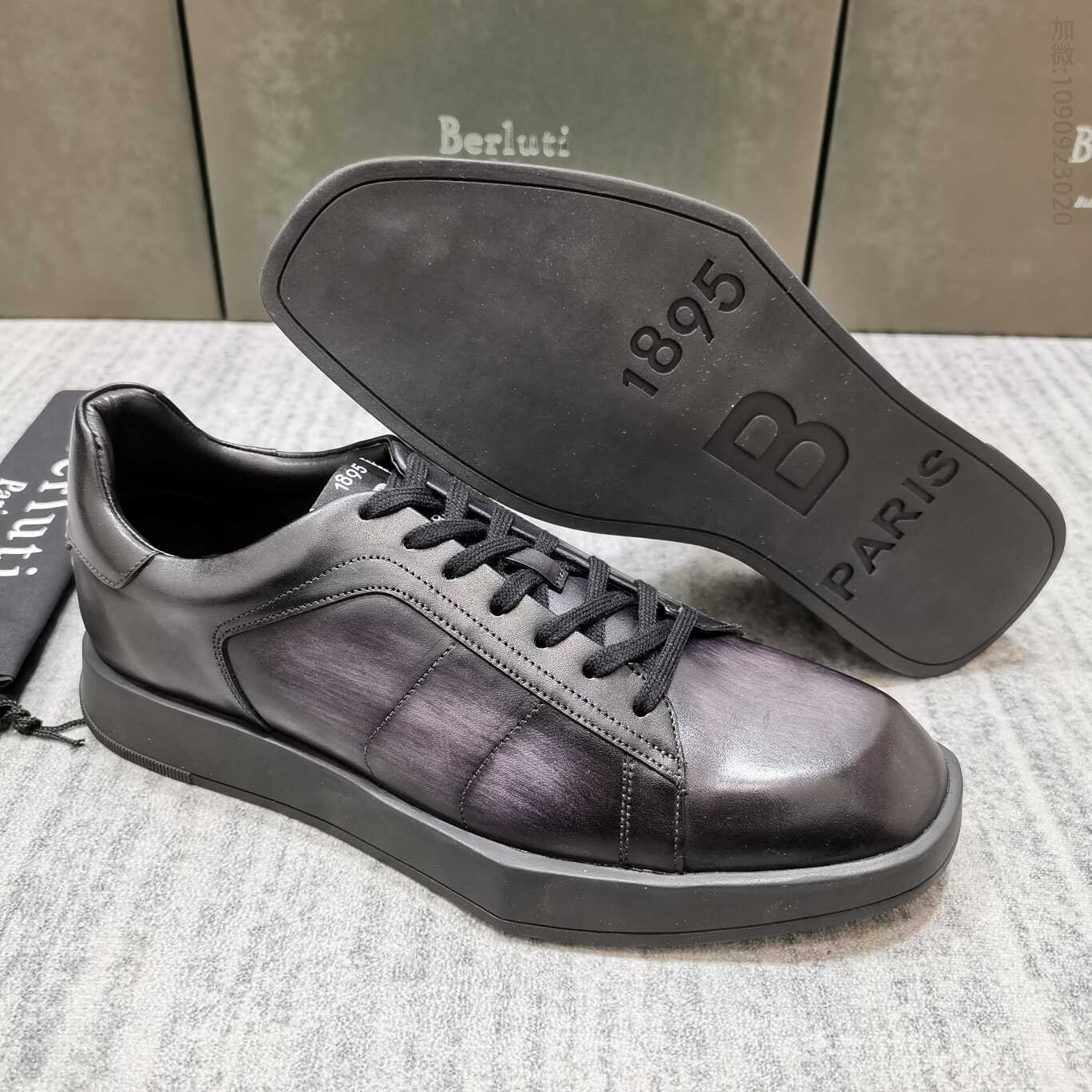 布鲁提 Berluti 进口白色小牛皮/黑色雾面小牛皮LOGO图案Stellar运动鞋平板鞋