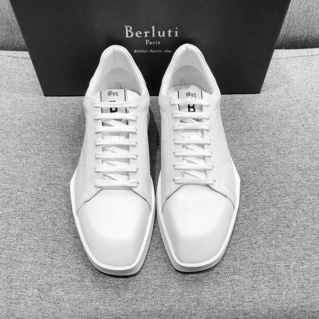 布鲁提 Berluti 进口白色小牛皮/黑色雾面小牛皮LOGO图案Stellar运动鞋平板鞋