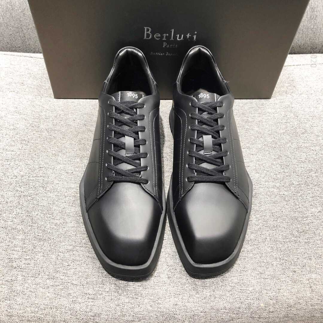 布鲁提 Berluti 进口白色小牛皮/黑色雾面小牛皮LOGO图案Stellar运动鞋平板鞋