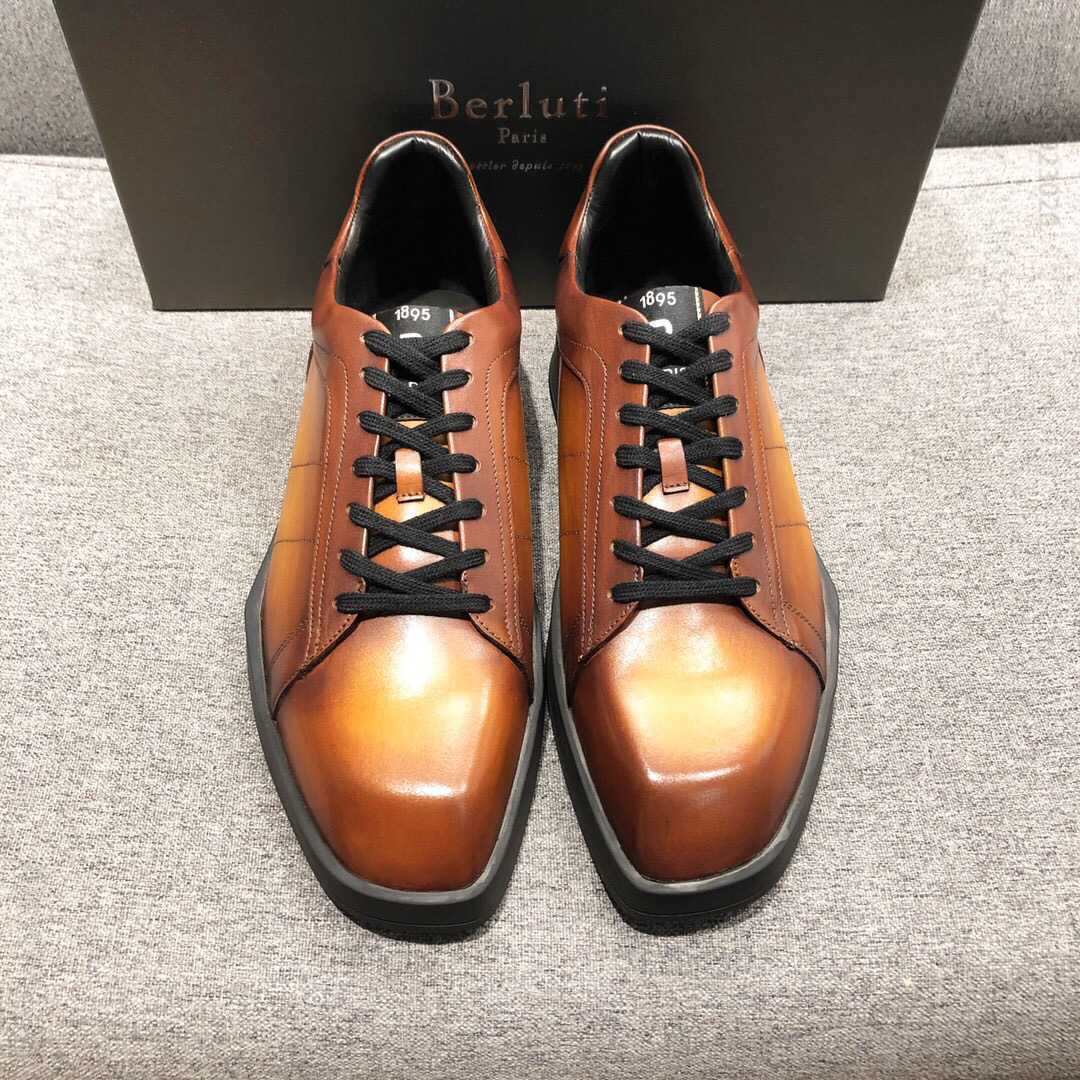 布鲁提 Berluti 进口白色小牛皮/黑色雾面小牛皮LOGO图案Stellar运动鞋平板鞋