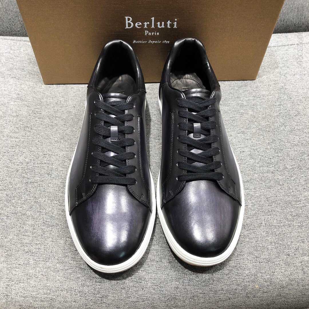 布鲁提 Berluti 进口白色小牛皮/黑色雾面小牛皮LOGO图案Stellar运动鞋平板鞋