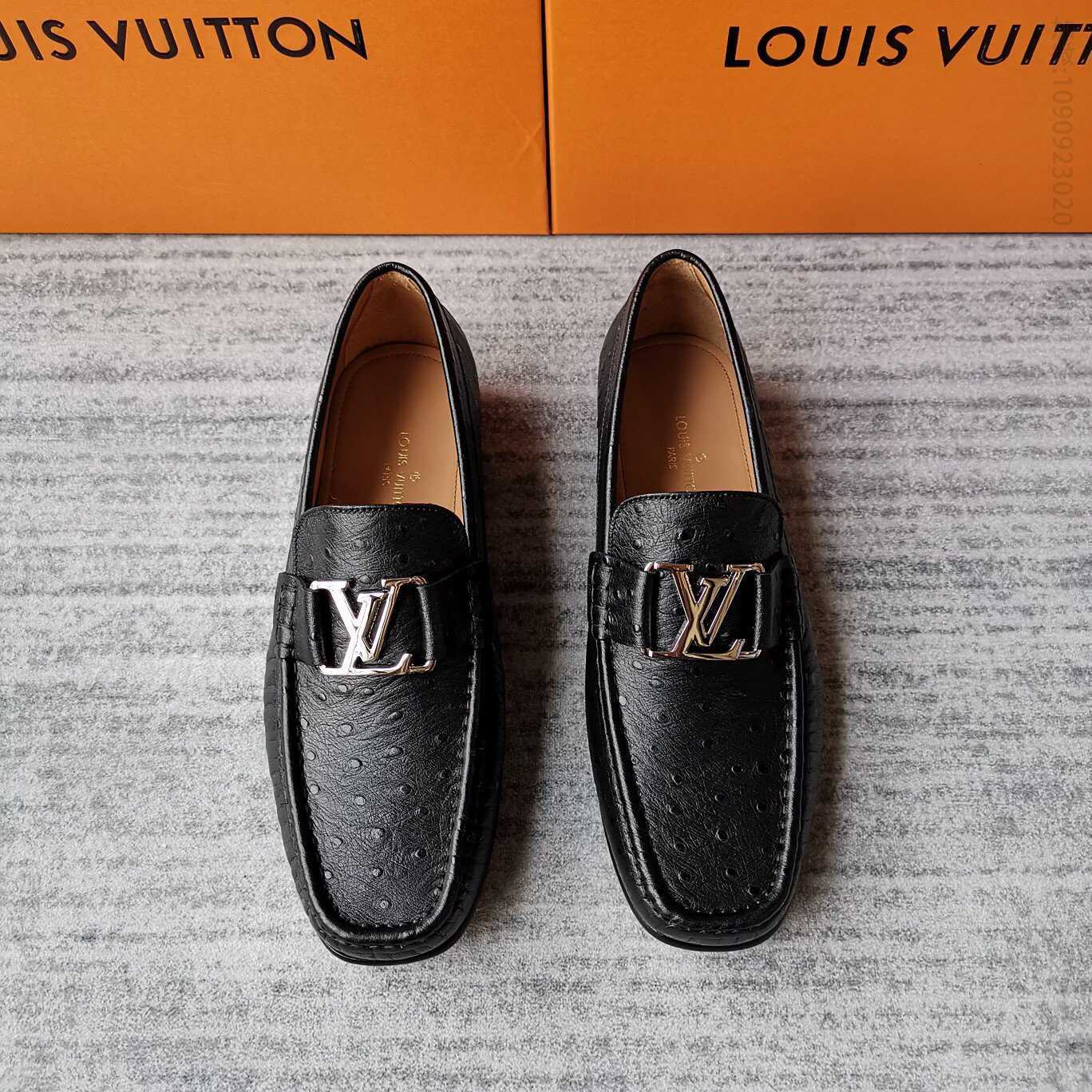 LV/路易威登 进口小牛皮/鸵鸟纹牛皮/摩卡棕擦色蜡面牛皮LV 新款乐福鞋MONTAIGNE便鞋