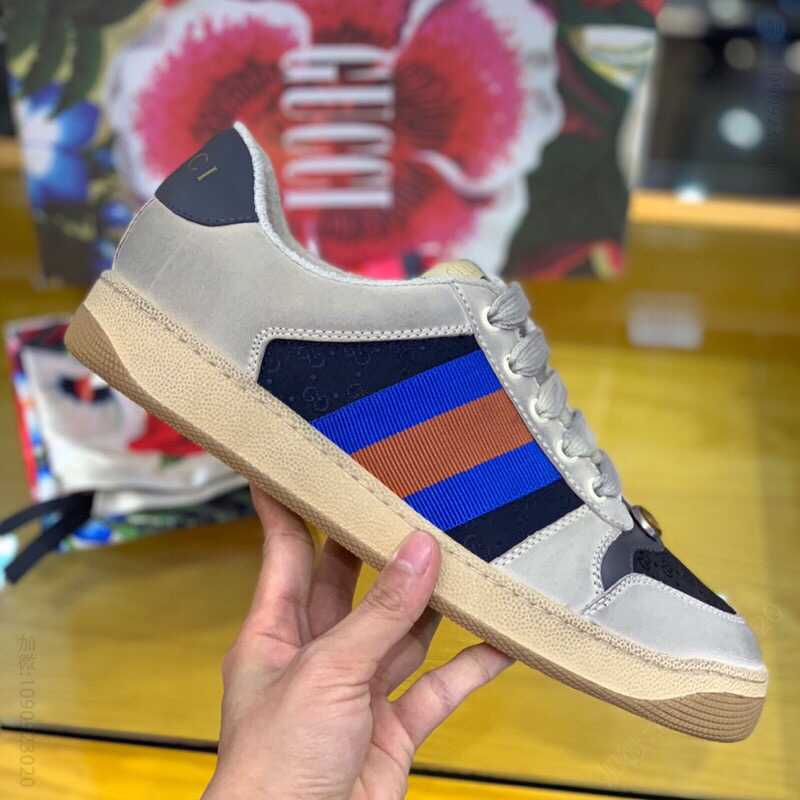 Gucci古驰 米色经典GG帆布和做旧皮革情侣款小脏鞋平板鞋