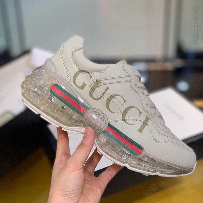 GUCCI古驰 饰有字母印花象牙色皮革男女款复古运动鞋