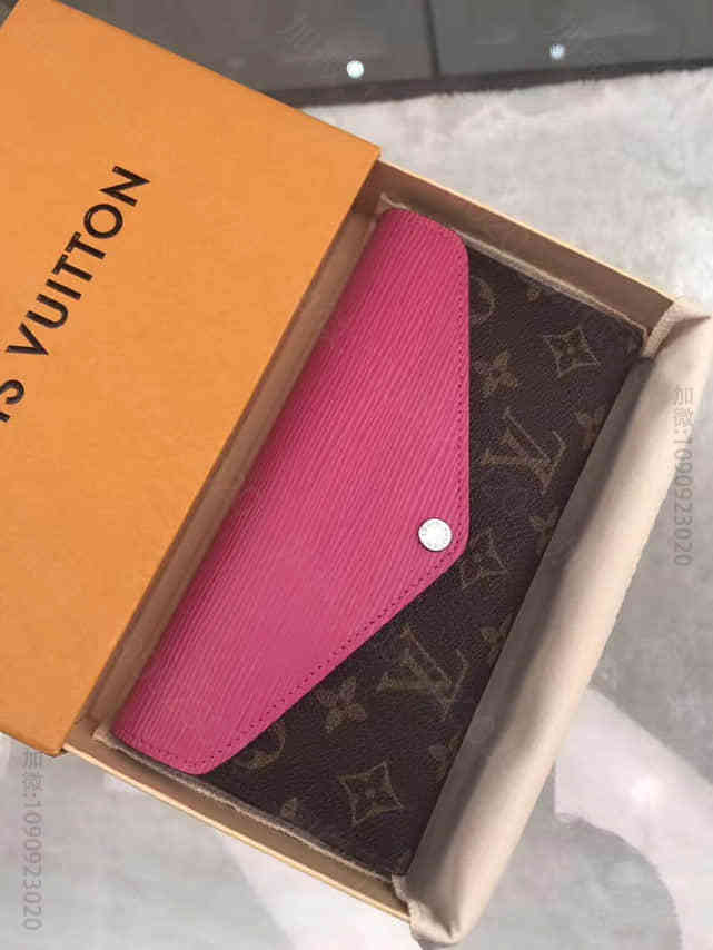 LV 老花色拼玫红 女士长款三折钱夹 M60978