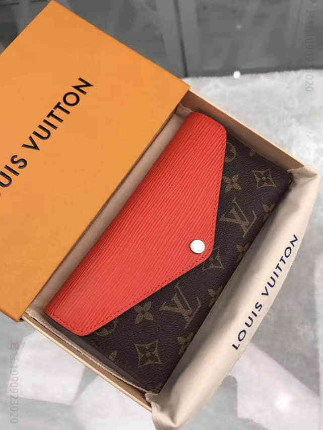 LV 老花色拼橘红 女士长款三折钱夹 M60499