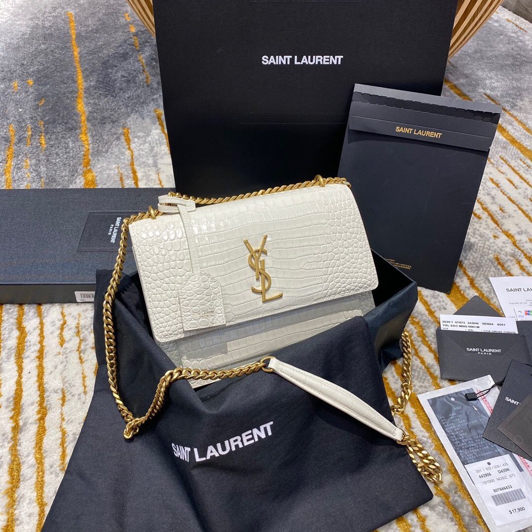 圣罗兰女士单肩包 YSL/圣罗兰 鳄鱼纹 sunset 22 日落包 442906白色金扣 