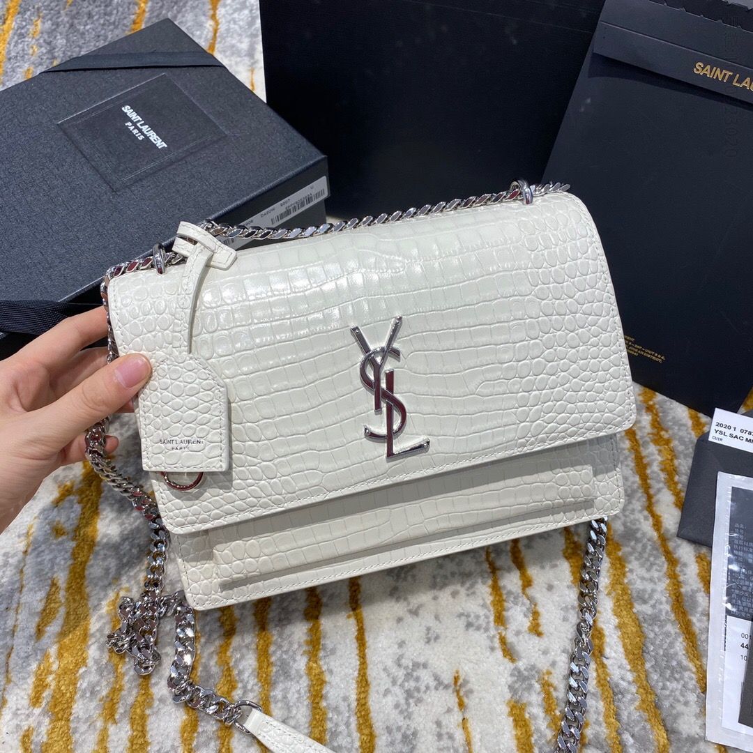 高仿圣罗兰女士单肩包 圣罗兰女士单肩包 YSL/圣罗兰 鳄鱼纹 sunset 22 日落包 442906白色银扣 