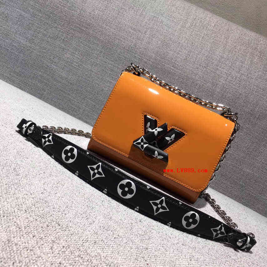 路易威登/LV 橘黄色漆皮 LV锁饰雕花 TWIST小号链条包