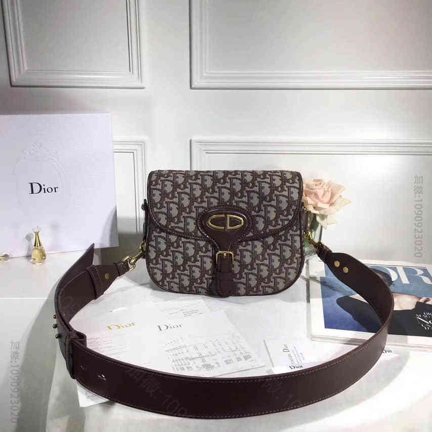 迪奥/DIOR “Dioraddict”咖啡色刺绣牛仔布翻盖式斜挎邮差包