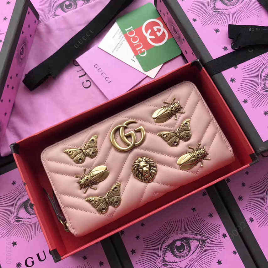 Gucci古驰 GG Marmont Animal Studs Wallet狮子蝴蝶蜜蜂金属装饰拉链钱包 443123裸粉