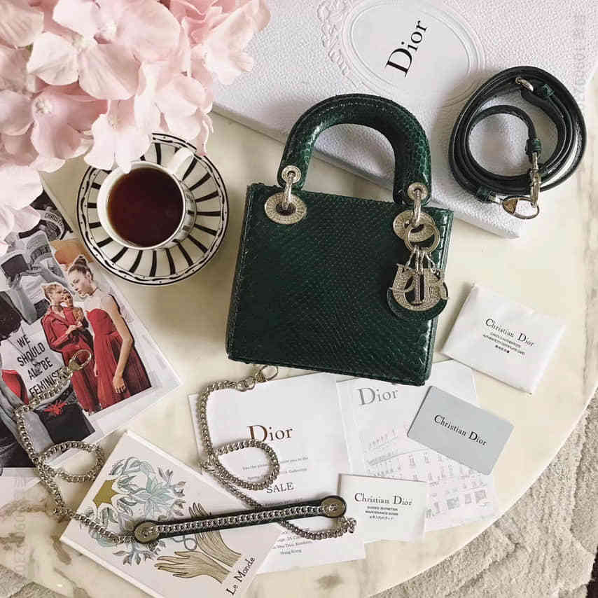迪奥 Lady Dior mini 全钻限量版蟒蛇皮手提包 深绿色