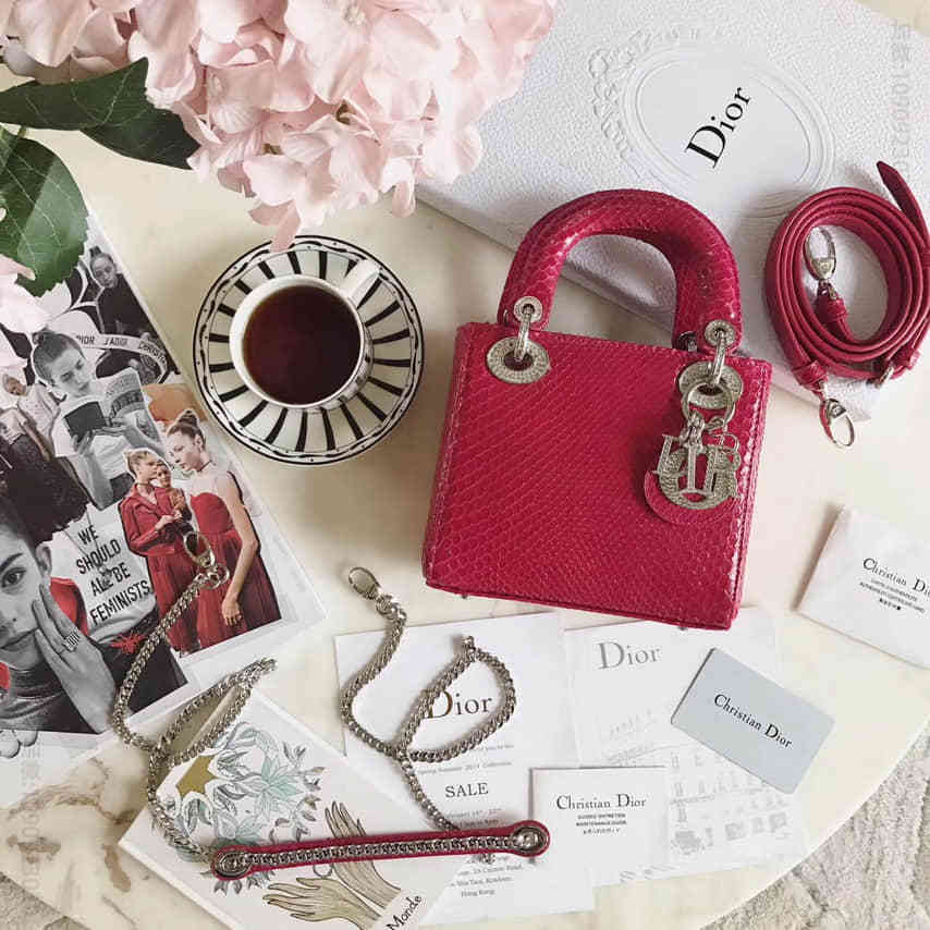 迪奥 Lady Dior mini 全钻限量版蟒蛇皮斜挎包 玫红色