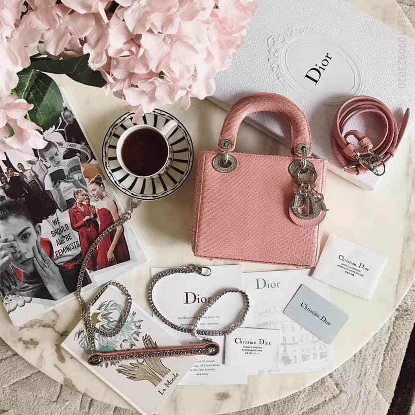 迪奥 Lady Dior mini 全钻限量版蟒蛇皮单肩包 粉色