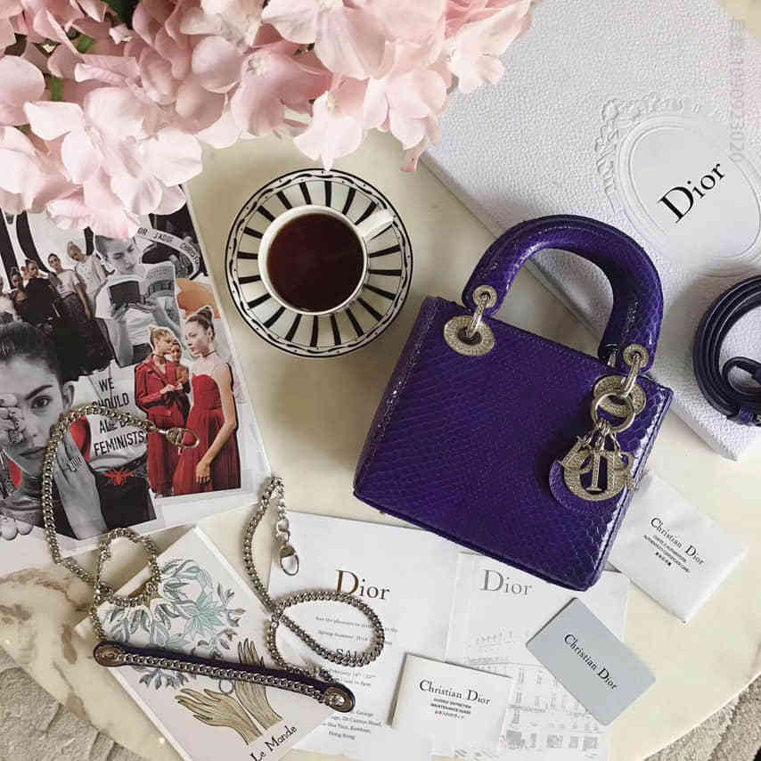 迪奥 Lady Dior mini 全钻限量版蟒蛇皮肩背包 紫蓝